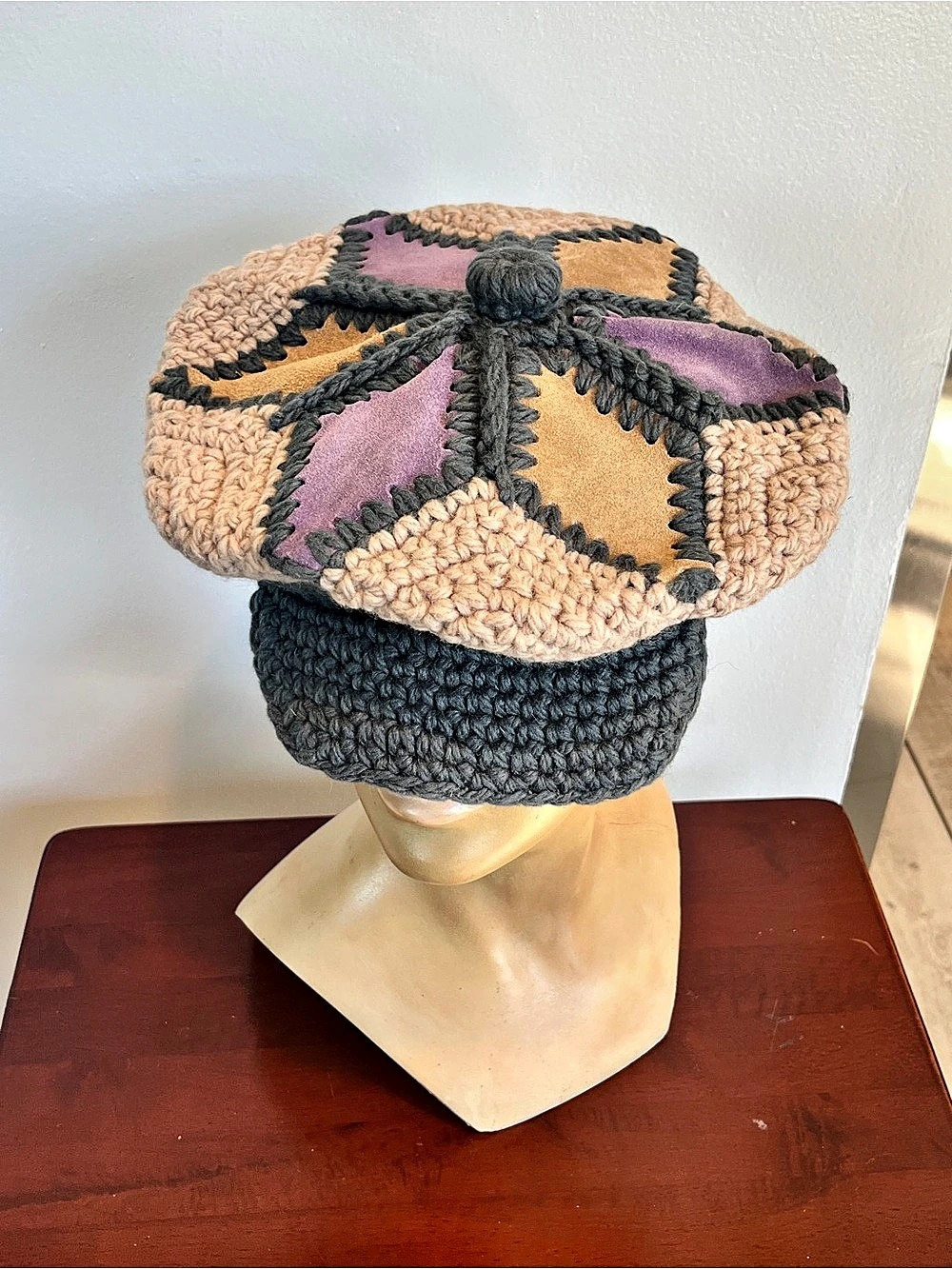 Vintage Jondale Hand Made Italian Wool & Suede Patchwork Newsboy Cap